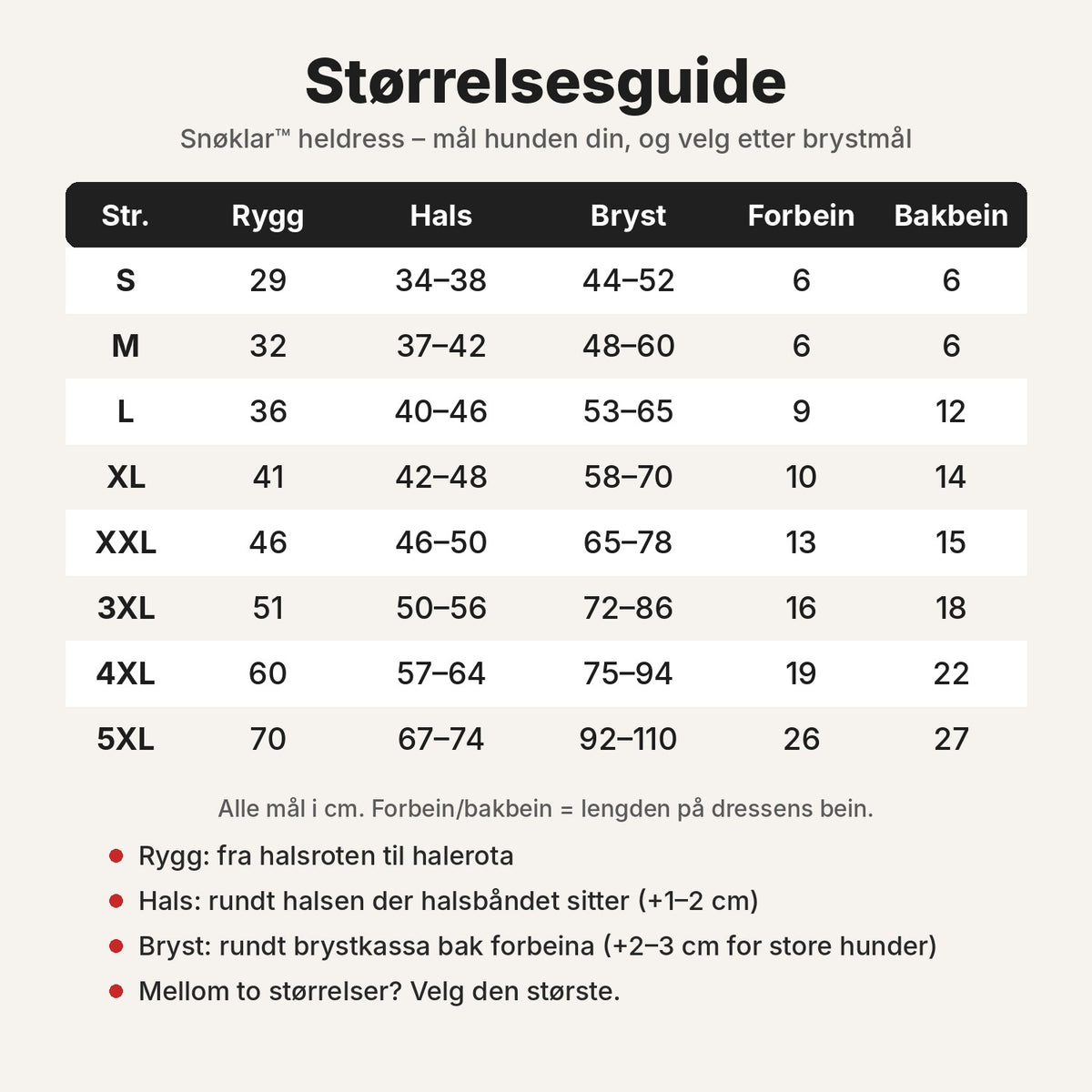 Størrelsesguide for Snøklar heldress, S til 5XL