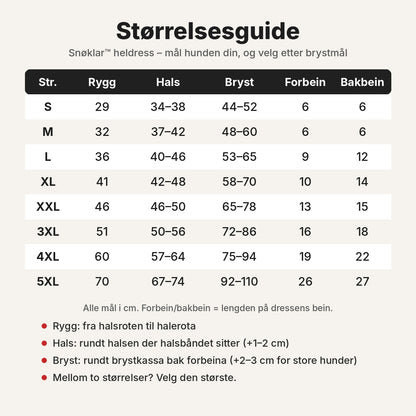 Størrelsesguide for Snøklar heldress, S til 5XL