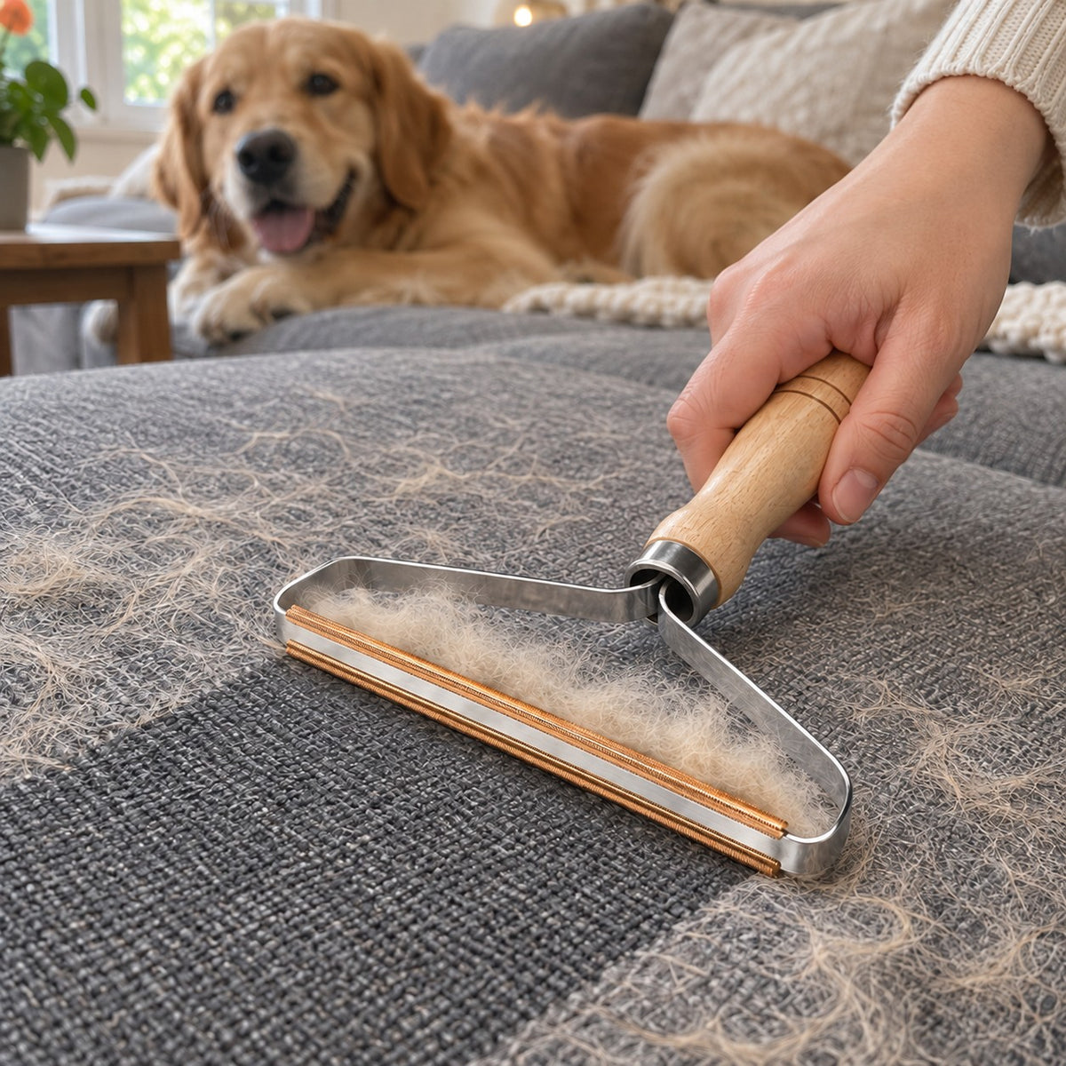 Hundehårfjerner samler hundehår i en dott fra grå sofa mens hunden ligger ved siden av