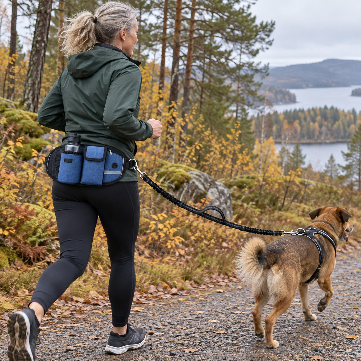 Kvinne jogger på skogsti med hunden i FlexiLeash magebelte – begge hender fri