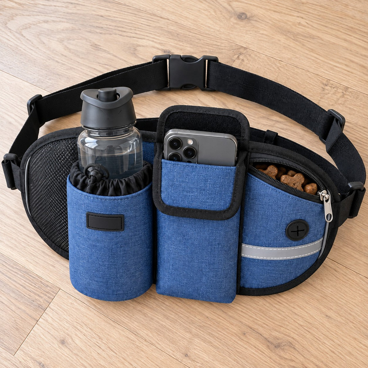 FlexiLeash magebelte med flaskeholder, mobillomme og glidelåslomme for godbiter