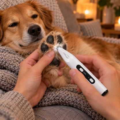 Rolig hund får trimmet potehårene med PawShave på sofaen