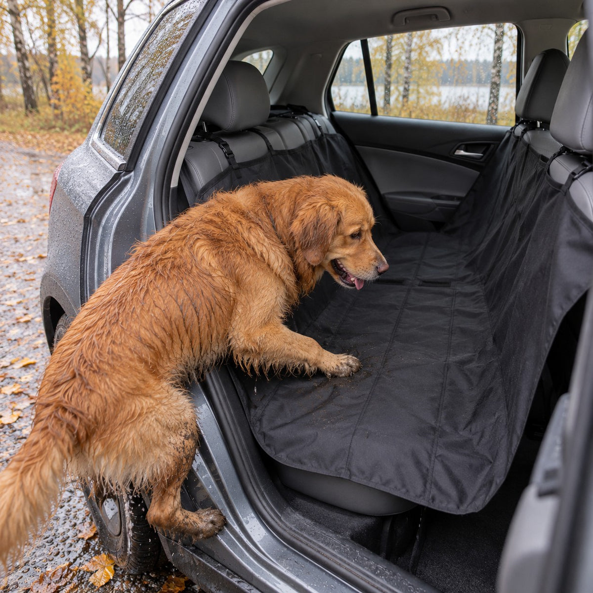 Våt golden retriever hopper inn i baksetet som er dekket av det svarte bilsetetrekket