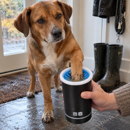 Hund i gangen en regnværsdag får poten vasket i den svarte PawSwirl potevaskeren