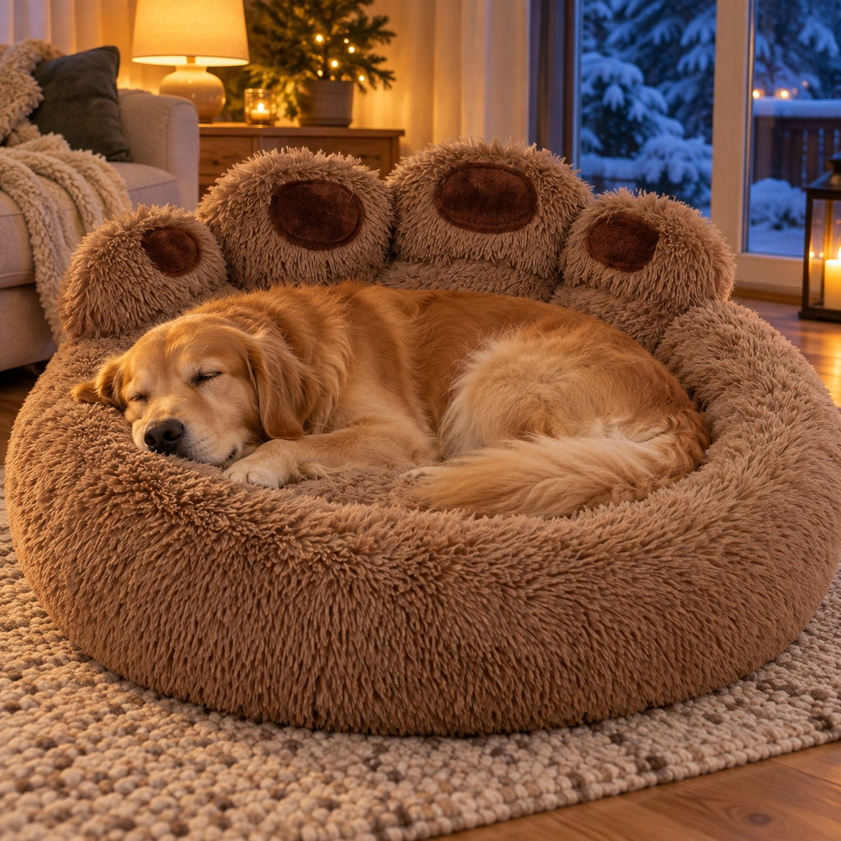 Golden retriever sover i den brune ComfyDog-sengen med potemønster i en koselig stue en vinterkveld