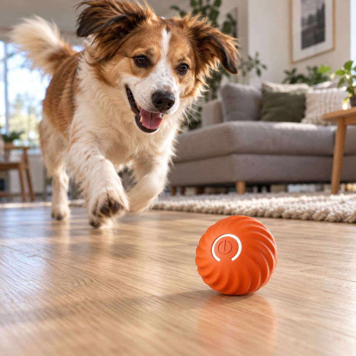 Hund løper etter den oransje selvrullende lekeballen over stuegulvet