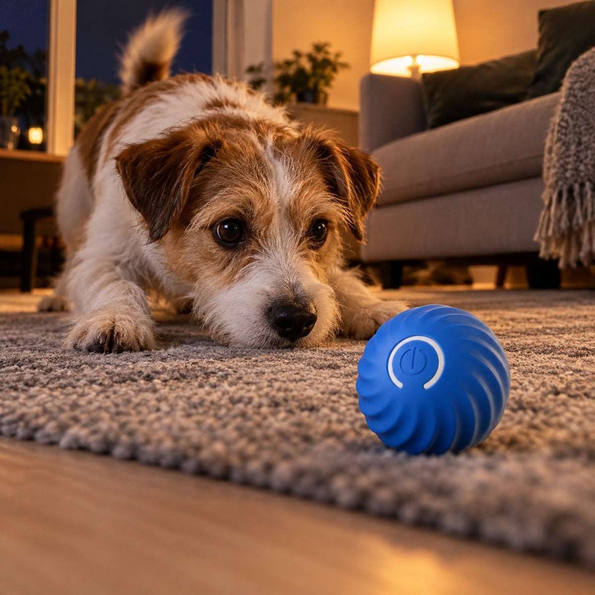 Liten terrier ligger på teppet og følger med på den blå selvrullende ballen