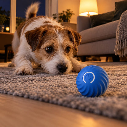 Liten terrier ligger på teppet og følger med på den blå selvrullende ballen