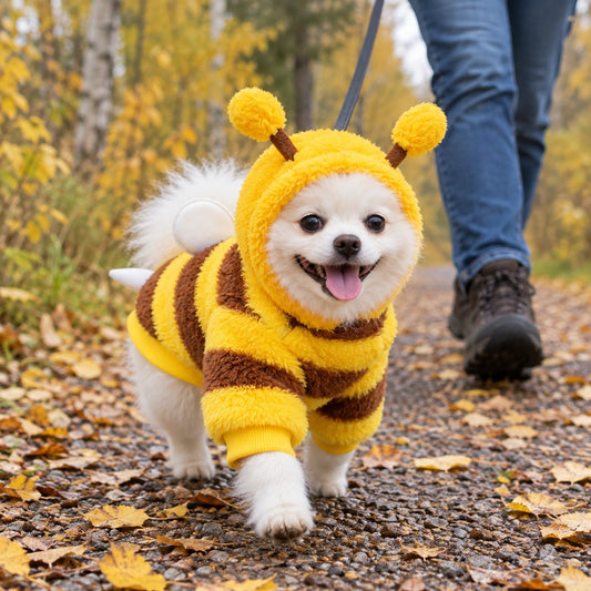 Liten hvit hund i bie-hoodie med hette og antenner på tur på en høstvei