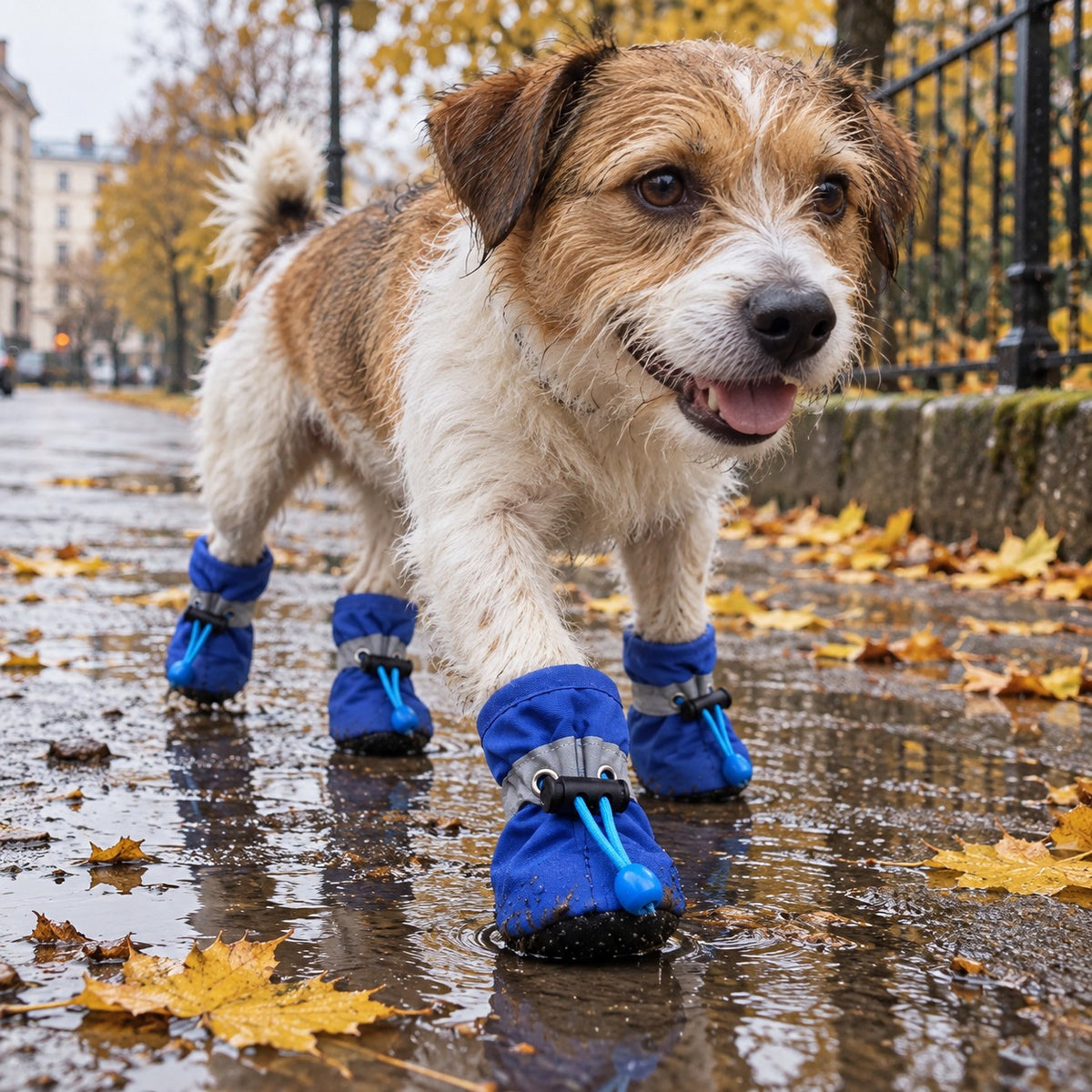 Hund med blå vanntette hundesko på vått høstfortau