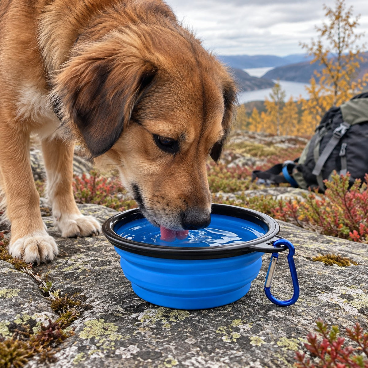 Hund drikker vann fra blå sammenleggbar skål med karabinkrok på fjelltur