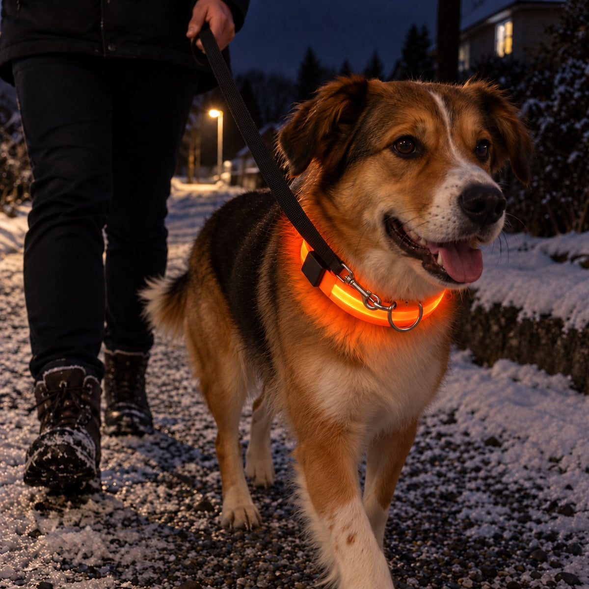 Hund på kveldstur i snøen med lysende oransje LED-halsbånd