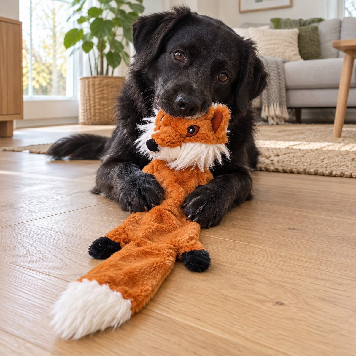 Hund som ligger på stuegulvet og tygger på pipeleken formet som rev
