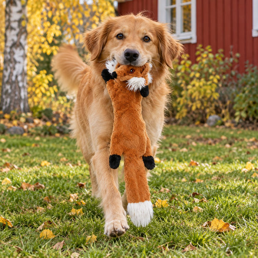Hund som bærer reven, en flat pipeleke uten fyll, i munnen på plenen i hagen