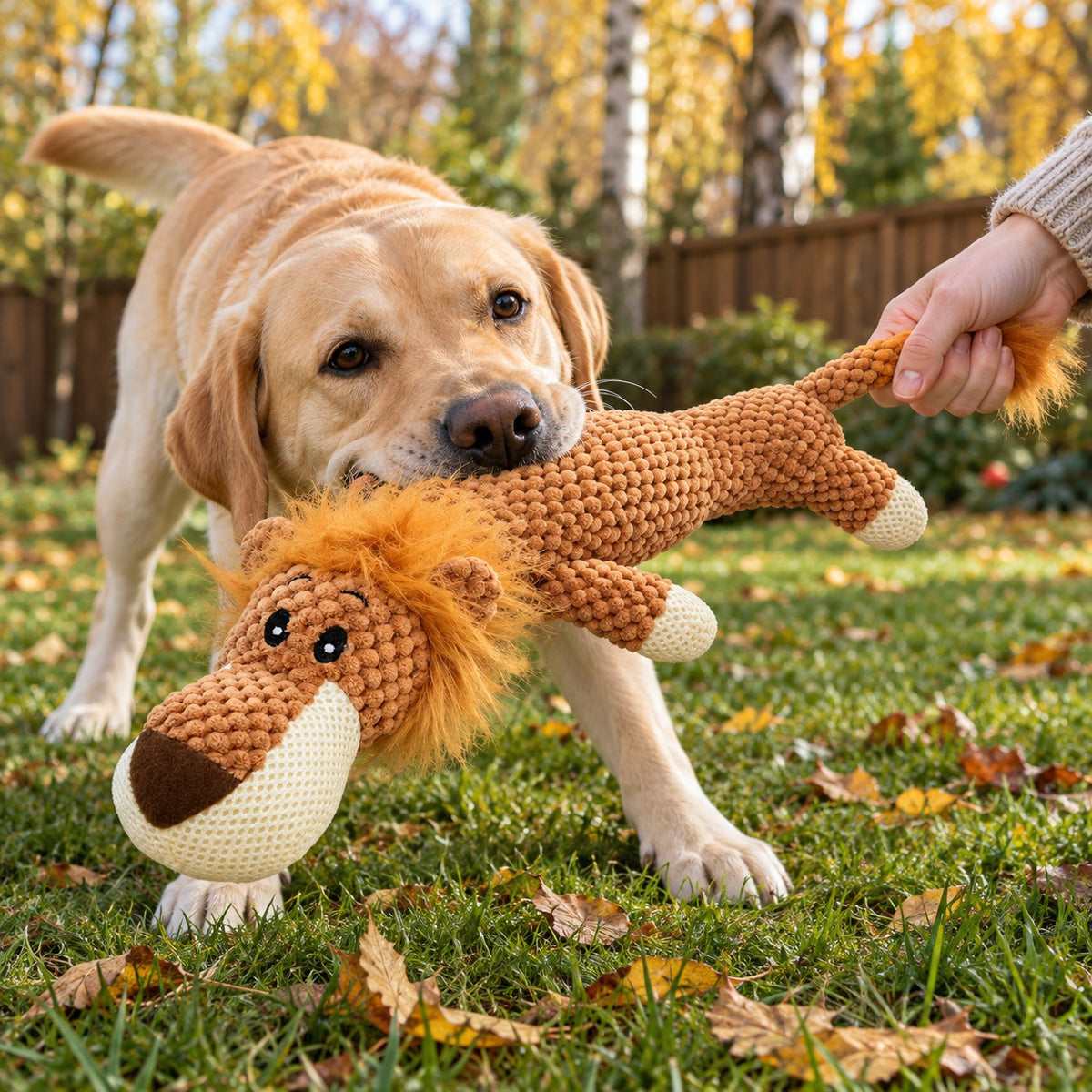 Labrador leker dragkamp med løveleken på plenen