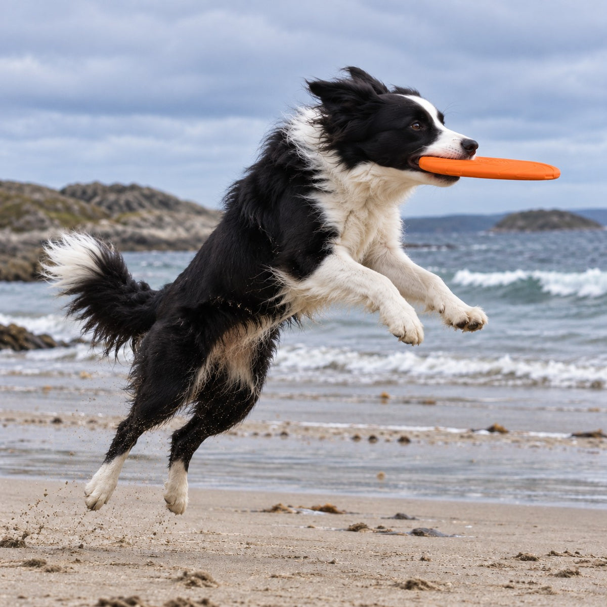 Border collie fanger den oransje frisbeen i lufta på en norsk strand