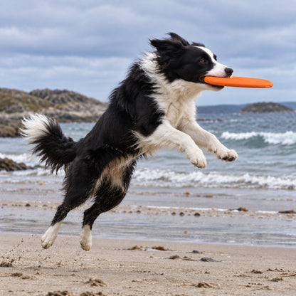 Border collie fanger den oransje frisbeen i lufta på en norsk strand