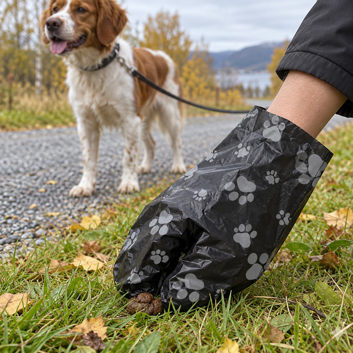 Hånd med hundepose plukker opp etter hunden ved grusveien