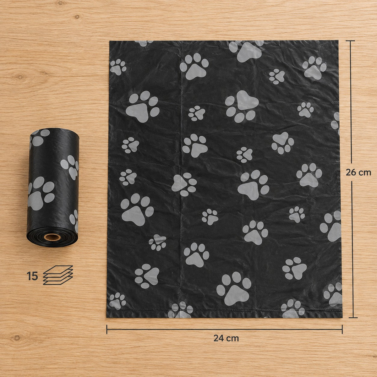 Hundepose 24 x 26 cm og rull med 15 poser
