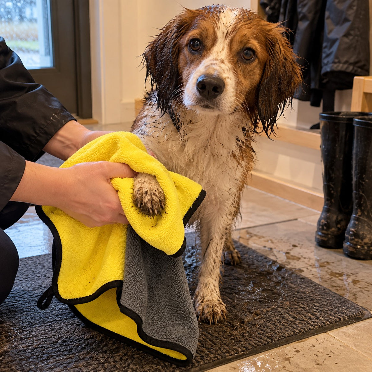 Tørker gjørmete poter med det gule hundehåndkleet etter tur