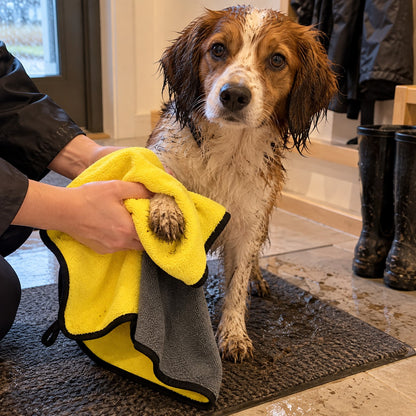 Tørker gjørmete poter med det gule hundehåndkleet etter tur
