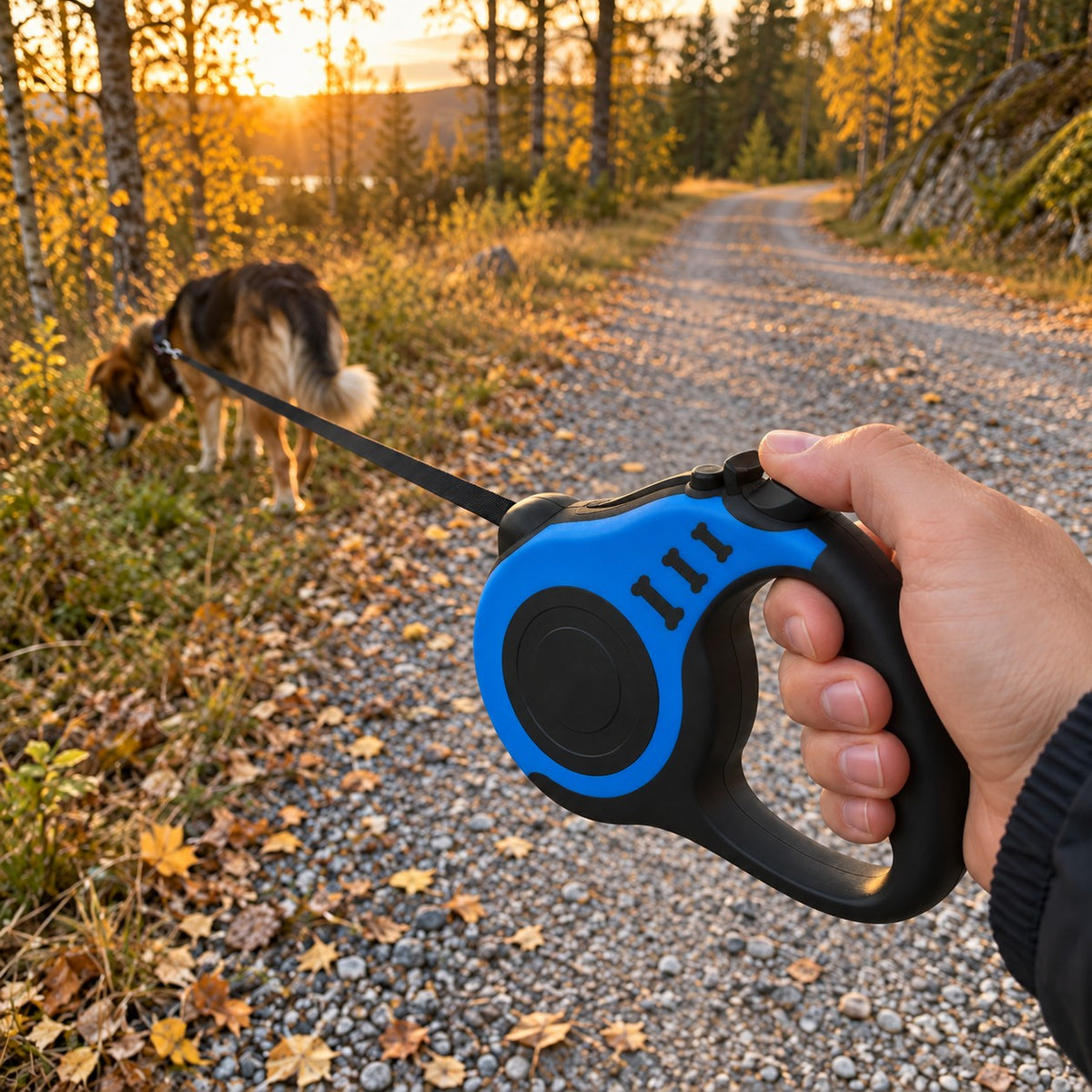 Automatisk hundebånd i blått på tur langs grusvei, hunden snuser noen meter foran