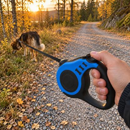 Automatisk hundebånd i blått på tur langs grusvei, hunden snuser noen meter foran