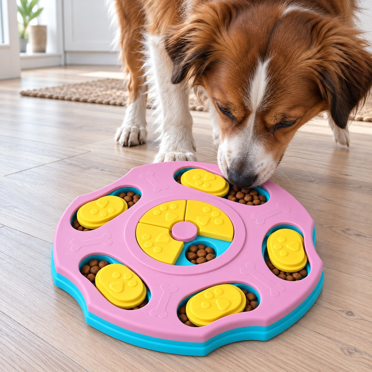 Hund snuser og skyver lokket til side på den rosa aktivitetsskålen for å finne fôret