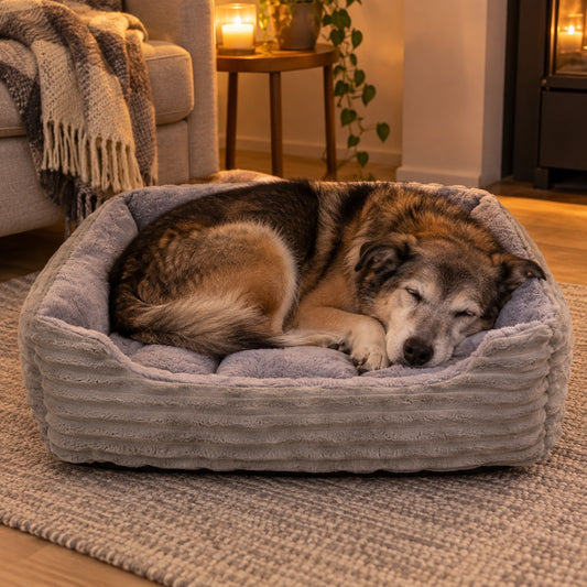 Eldre hund som sover krøllet sammen i den myke grå hundesengen i en lun stue
