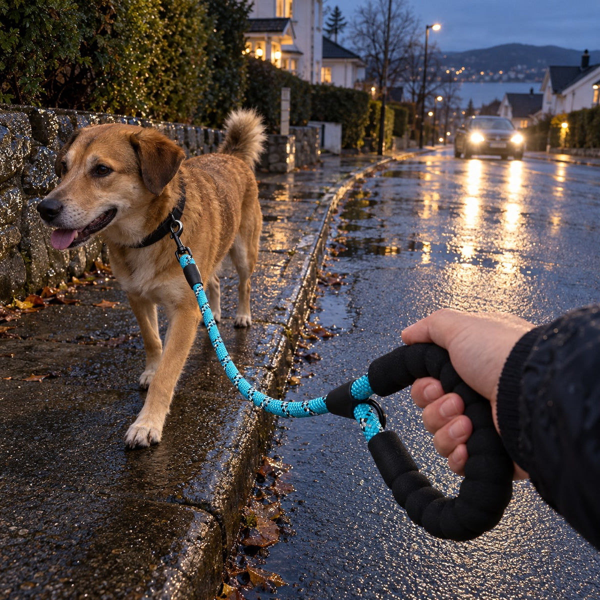 Turkis refleksbånd på hund en regnvåt kveld, polstret håndtak i hånden