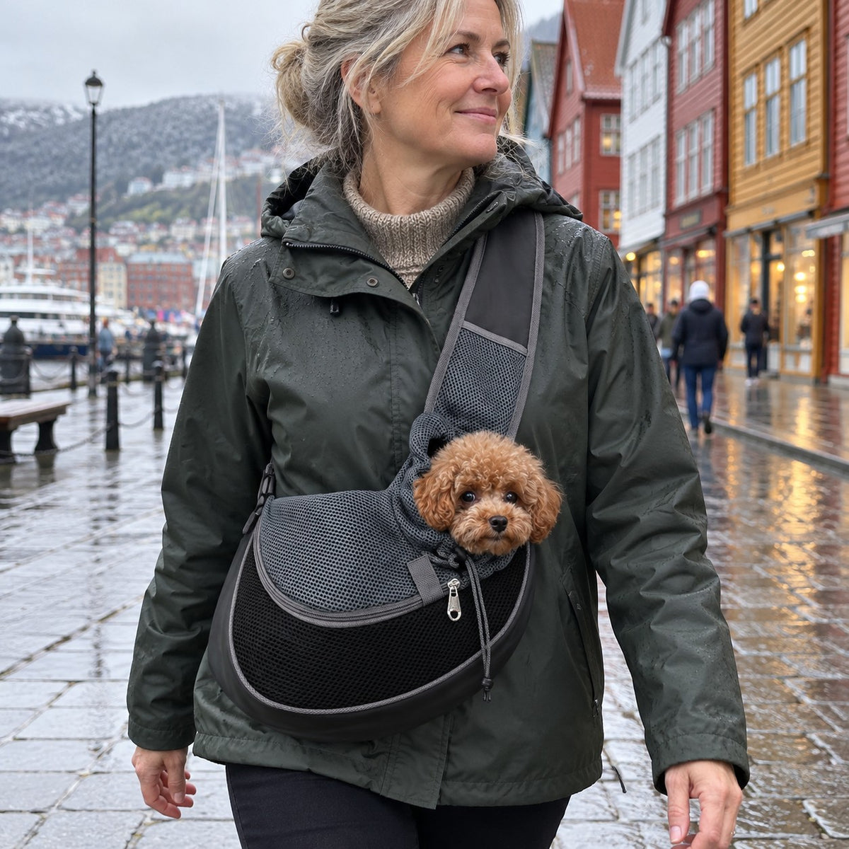 Kvinne går tur i Bergen med en liten puddel i den svarte bæreslyngen