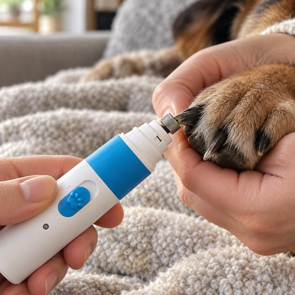 Elektrisk potefil med diamantslipehode som sliper en hundeklo forsiktig ned