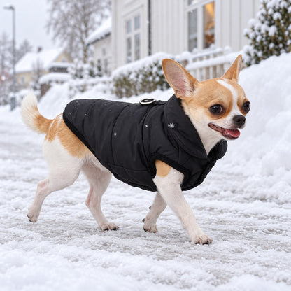Chihuahua i svart vinterjakke med fleecefôr går på snødekt fortau i en norsk by