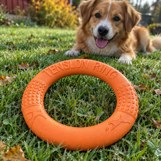 Oransje interaktiv treningsring i EVA, 27 cm, på gresset med hund i bakgrunnen