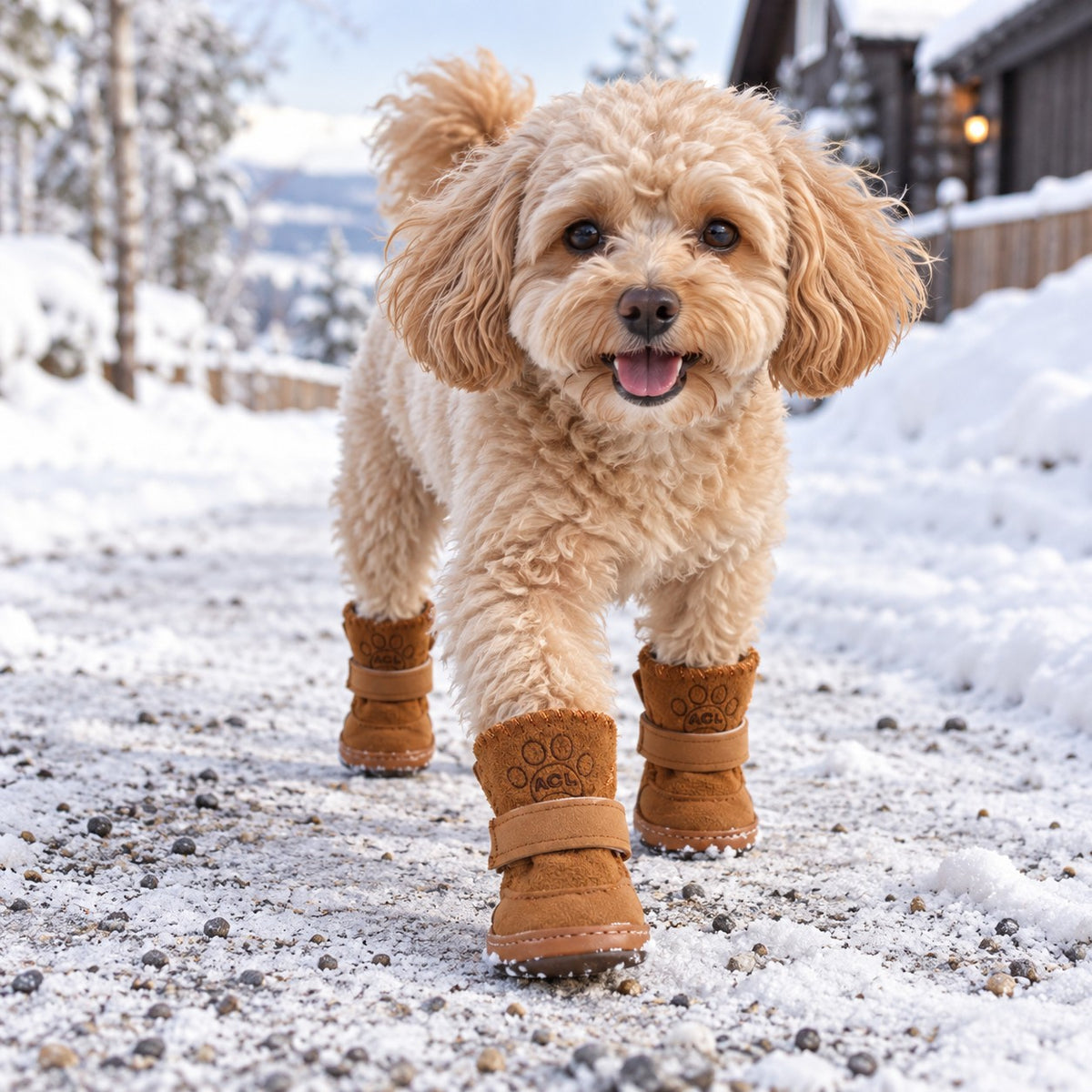 Liten hund i brune, varme og sklisikre vinterstøvler på snødekt fortau