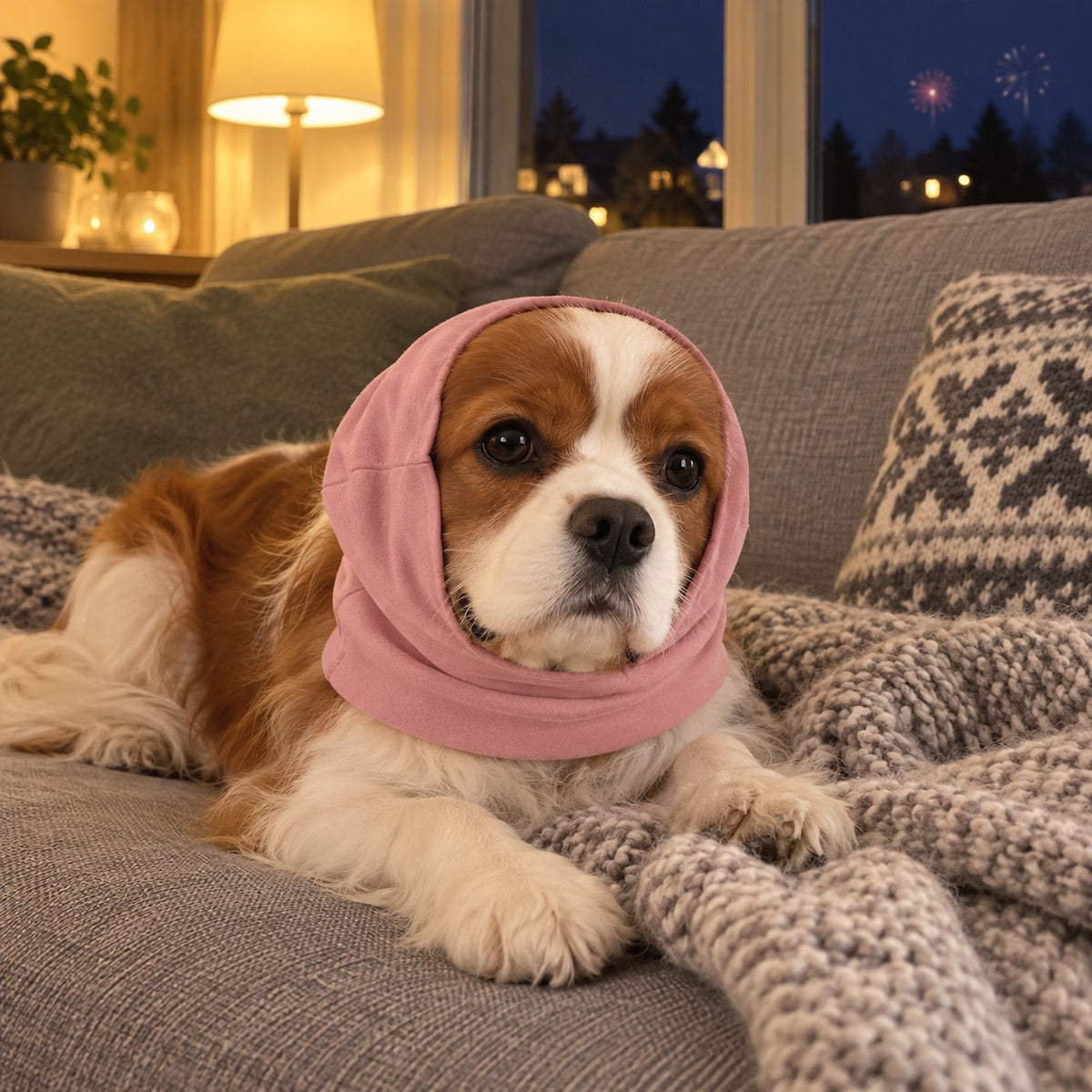 Liten hund slapper av i sofaen med rosa hundelue mens det er fyrverkeri ute
