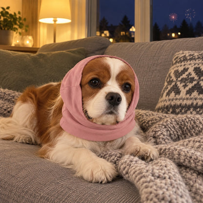 Liten hund slapper av i sofaen med rosa hundelue mens det er fyrverkeri ute