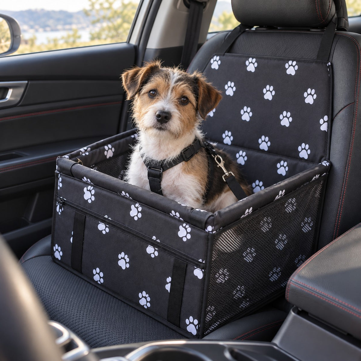 Liten hund festet i sammenleggbart bilsete på passasjersetet