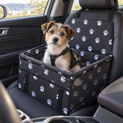 Liten hund festet i sammenleggbart bilsete på passasjersetet
