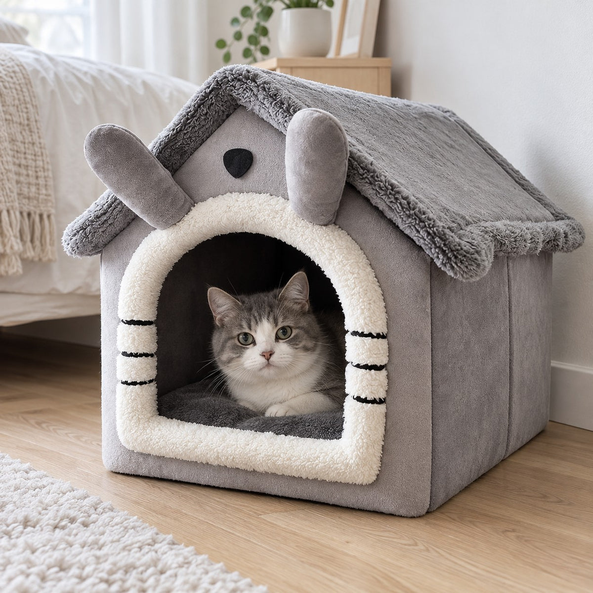 Katt ligger i det grå hundehuset med ører og hvit kant på et soverom