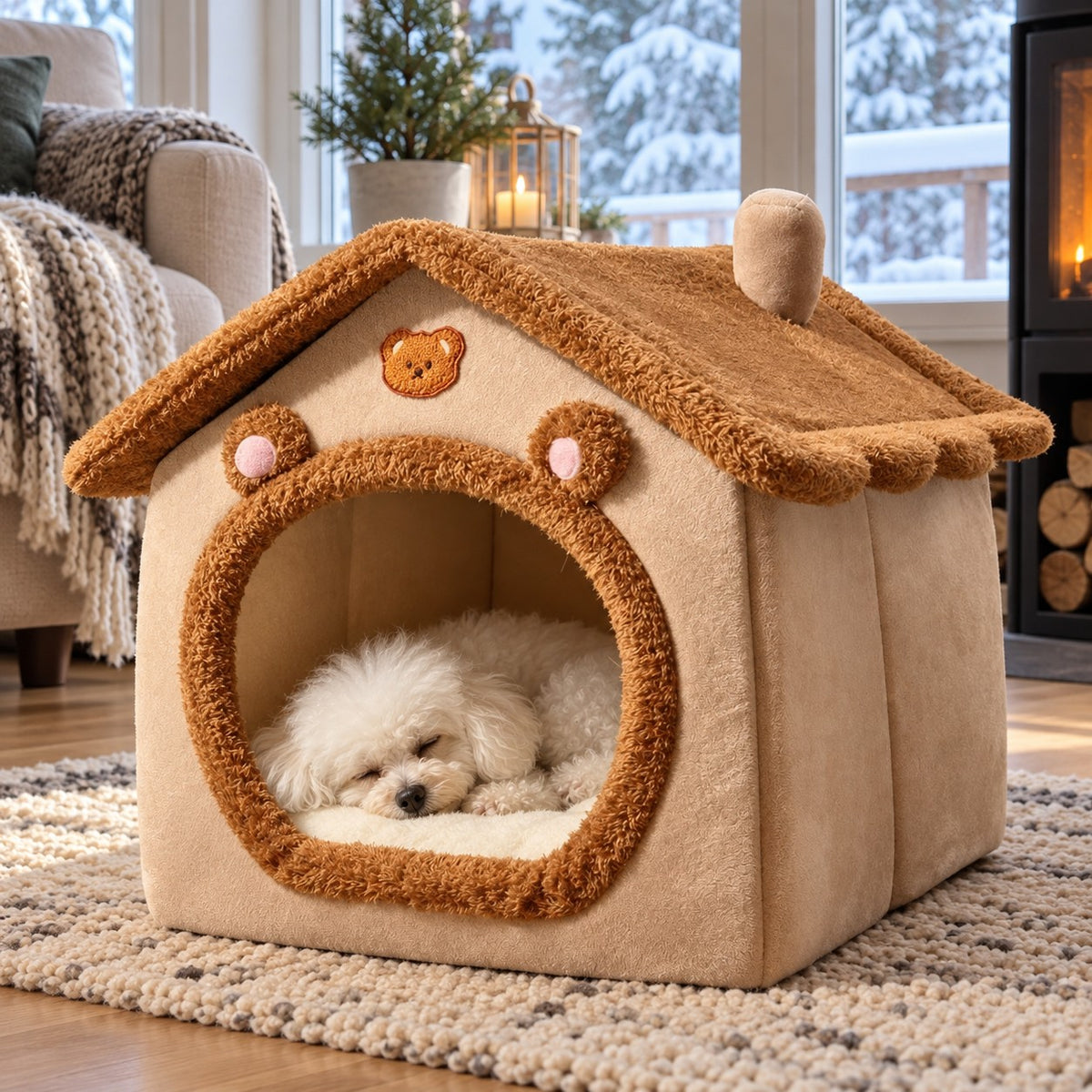 Liten hvit hund sover i det brune hundehuset med bjørneører i en norsk stue om vinteren