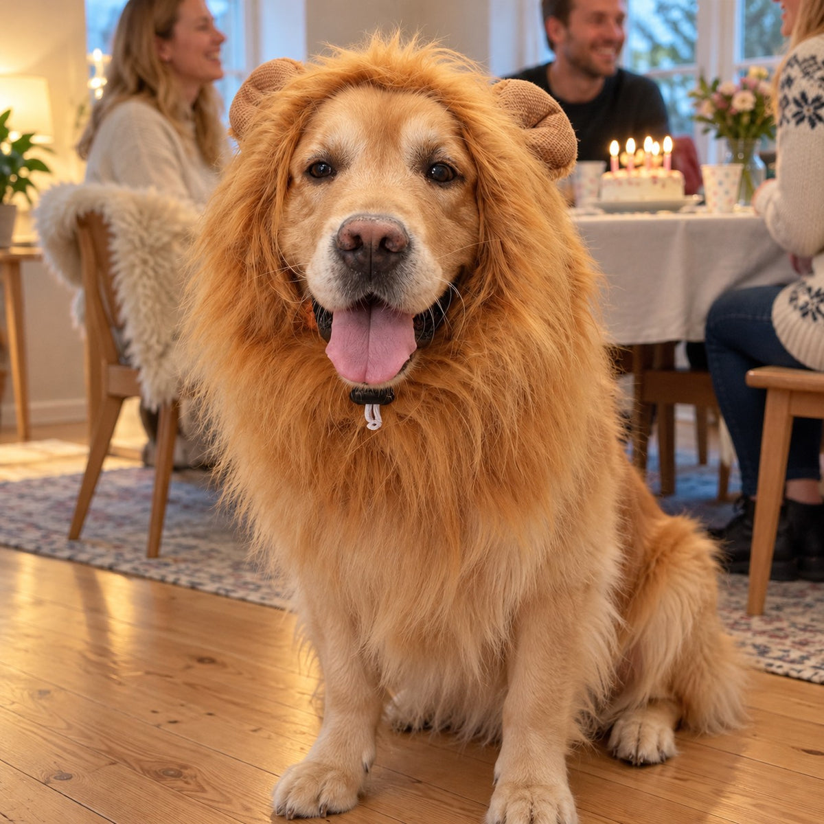 Golden retriever med løvemanke på familiebursdag i stua