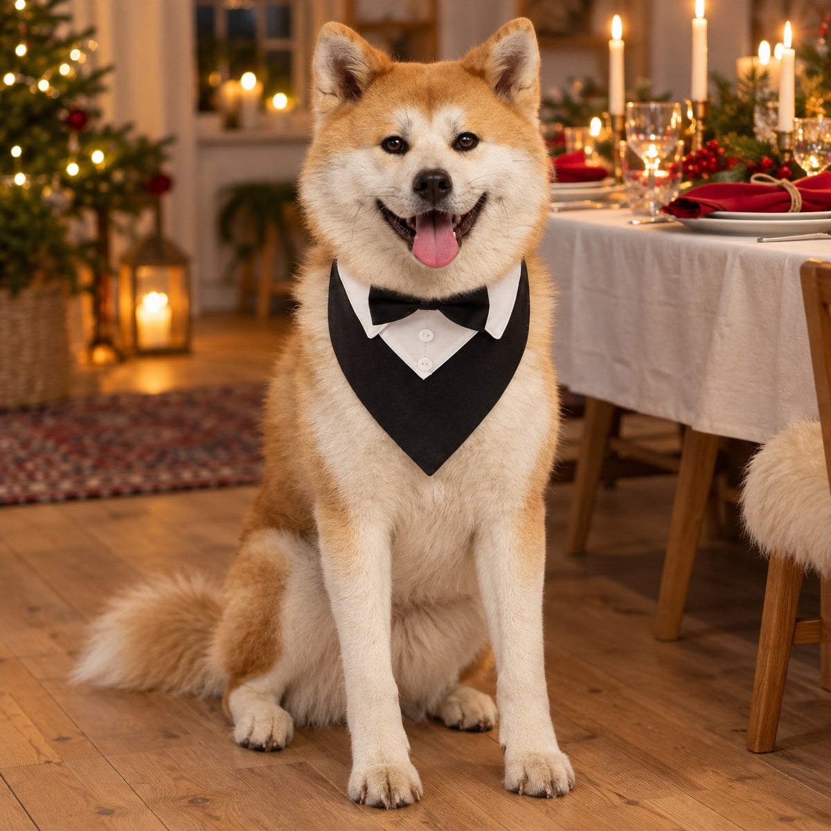 Hund med svart smokingsløyfe ved julebordet
