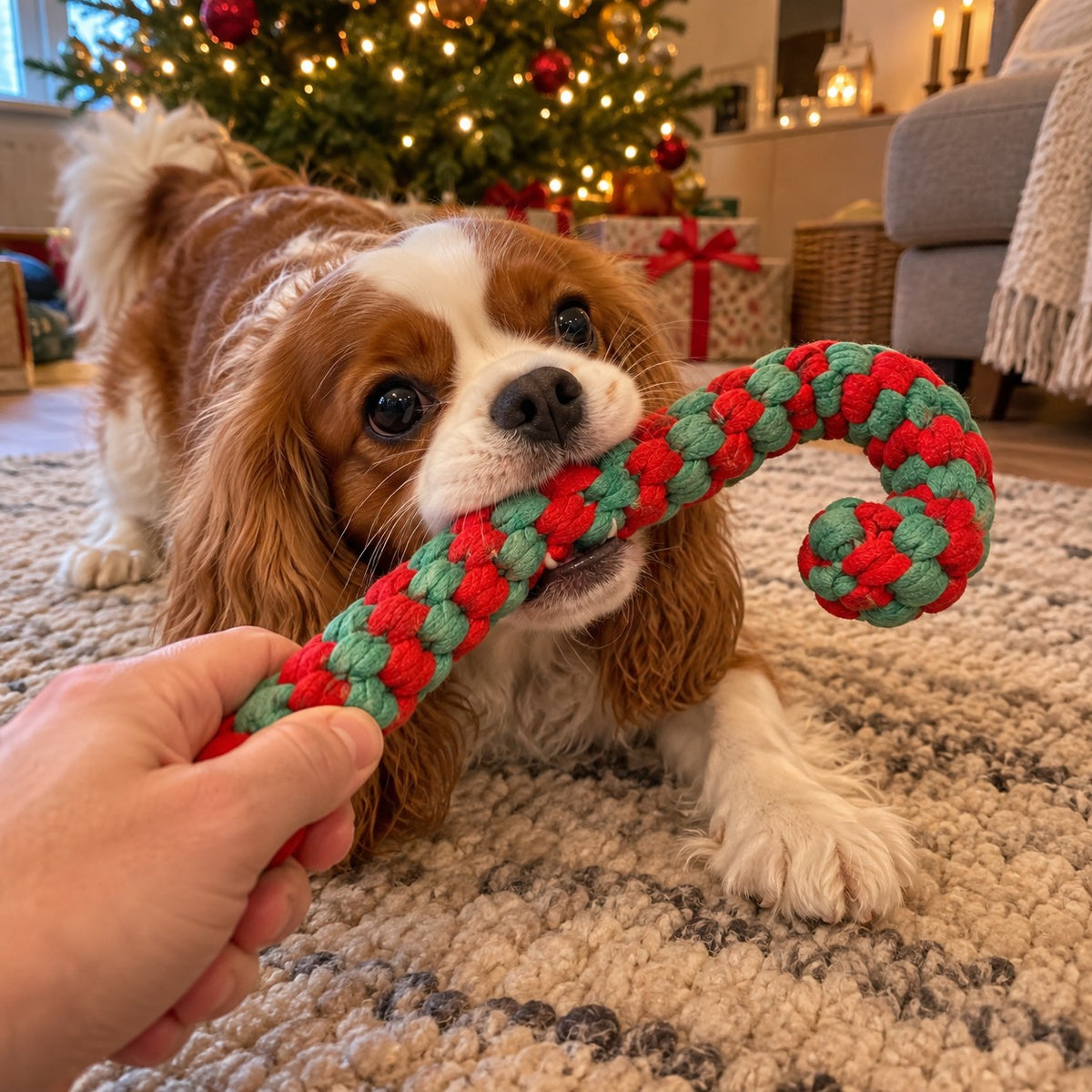 Hund leker med flettet julestokk i tau foran juletreet