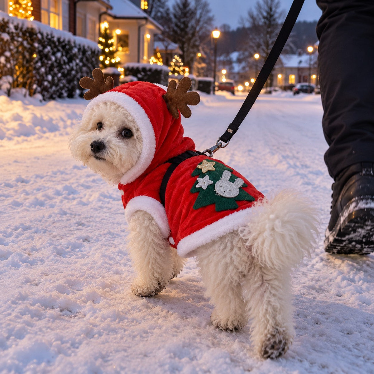 Hund i rød julegenser med gevirhette på tur i snøen