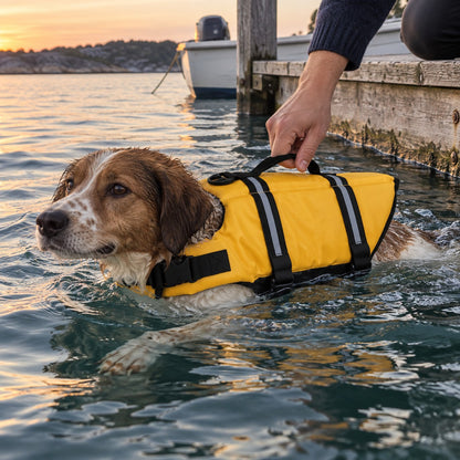 Hund svømmer i gul flytevest ved brygga mens eieren holder i håndtaket