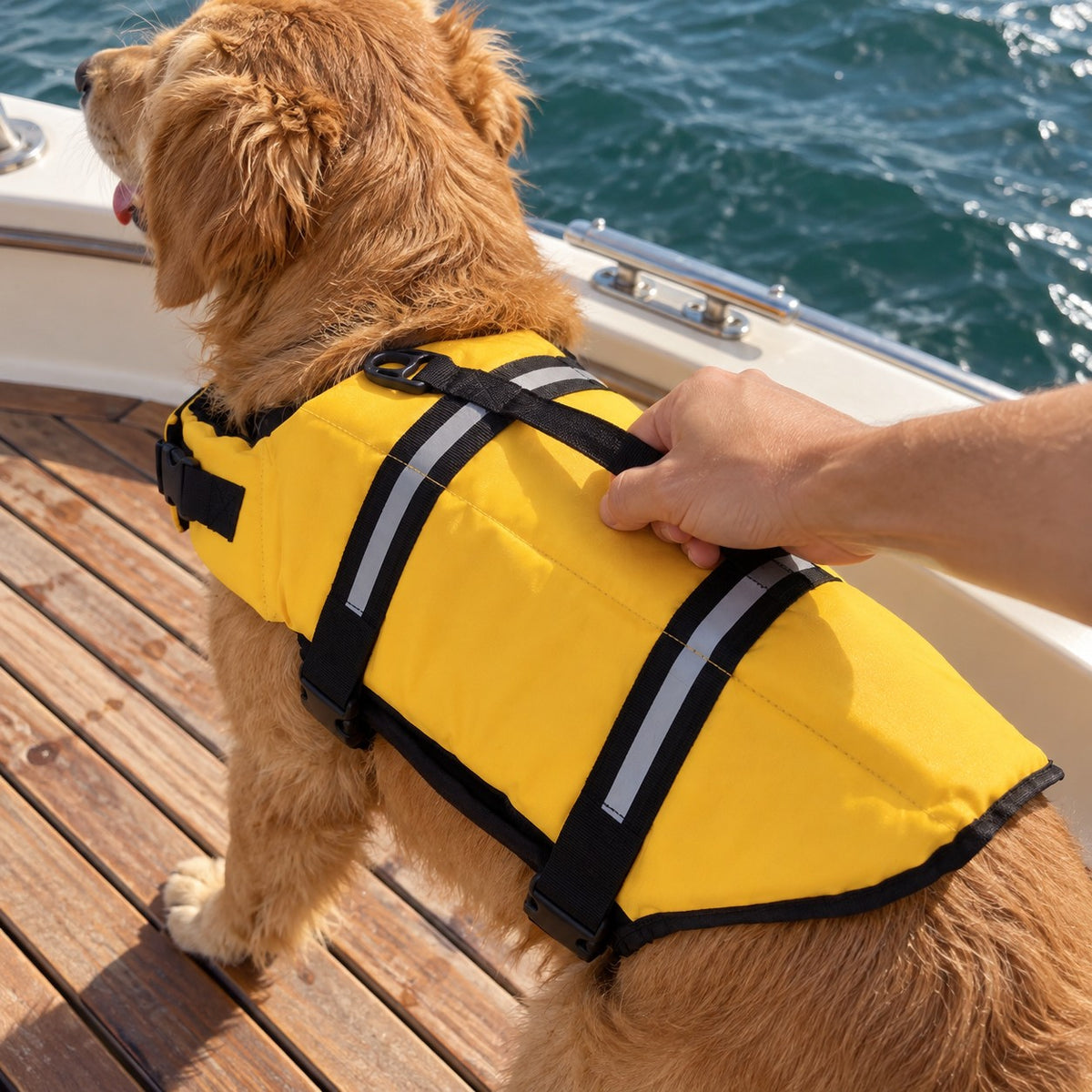 Håndtak på ryggen og refleksstriper på flytevesten, hund i båt