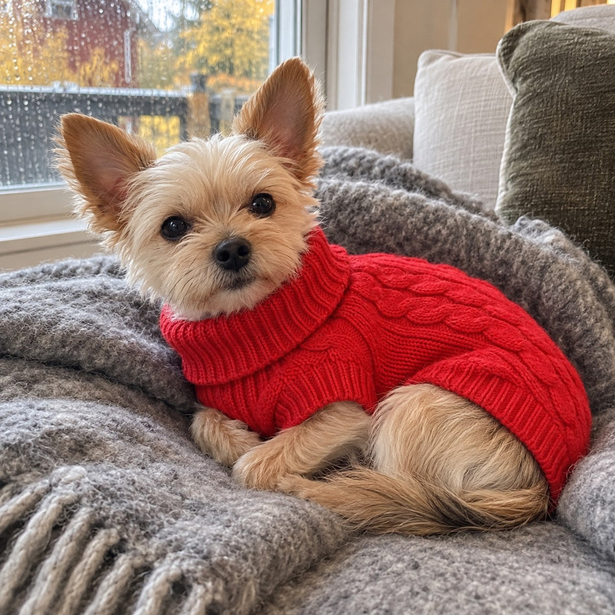 Liten hund i rød strikket hundegenser som slapper av i sofaen en regnværsdag