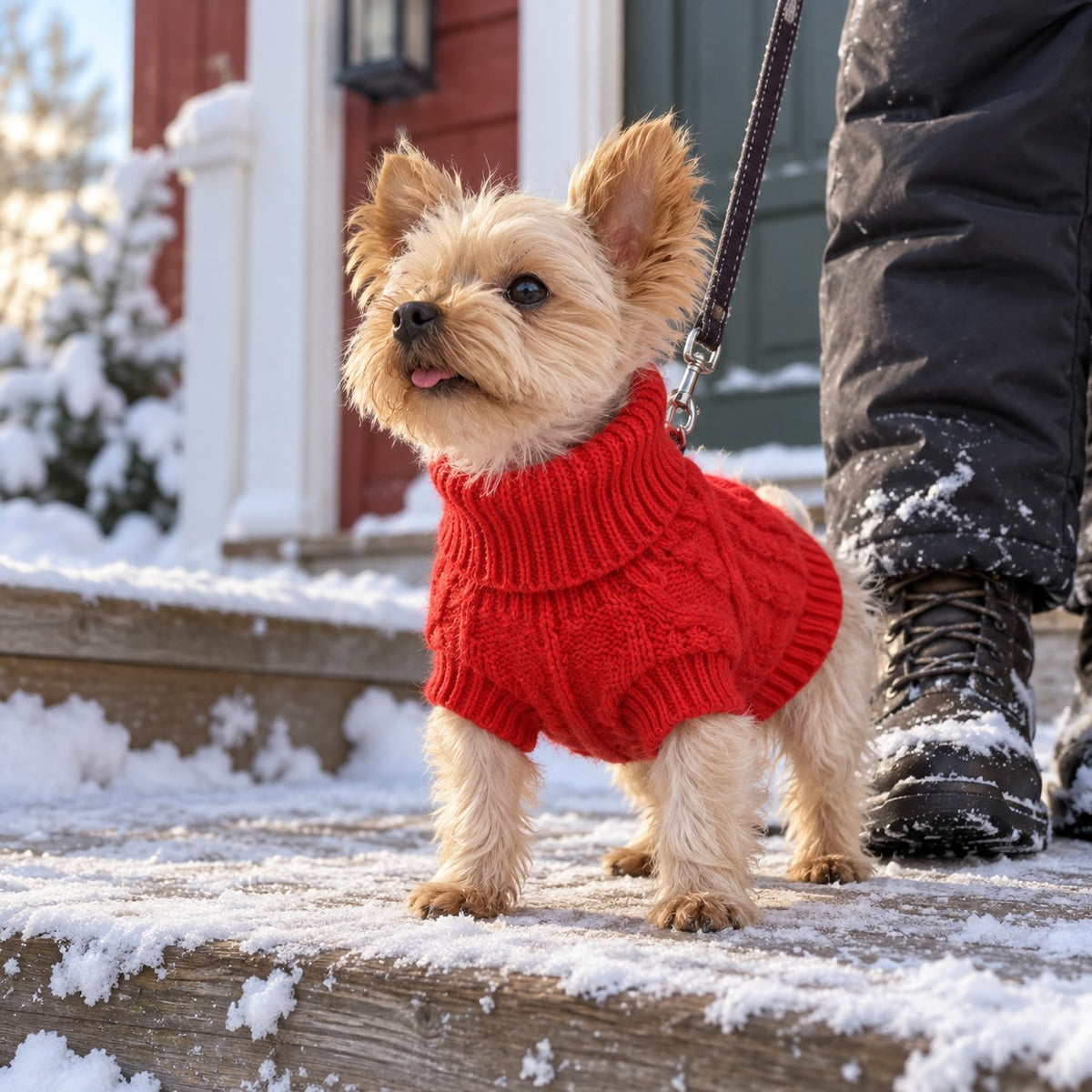 Liten hund i rød kabelstrikket genser med rullekrage på snødekt trapp