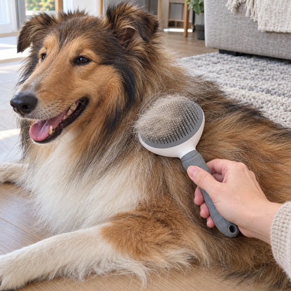 Selvrensende hundebørste i grått brukes på en røytende collie på stuegulvet